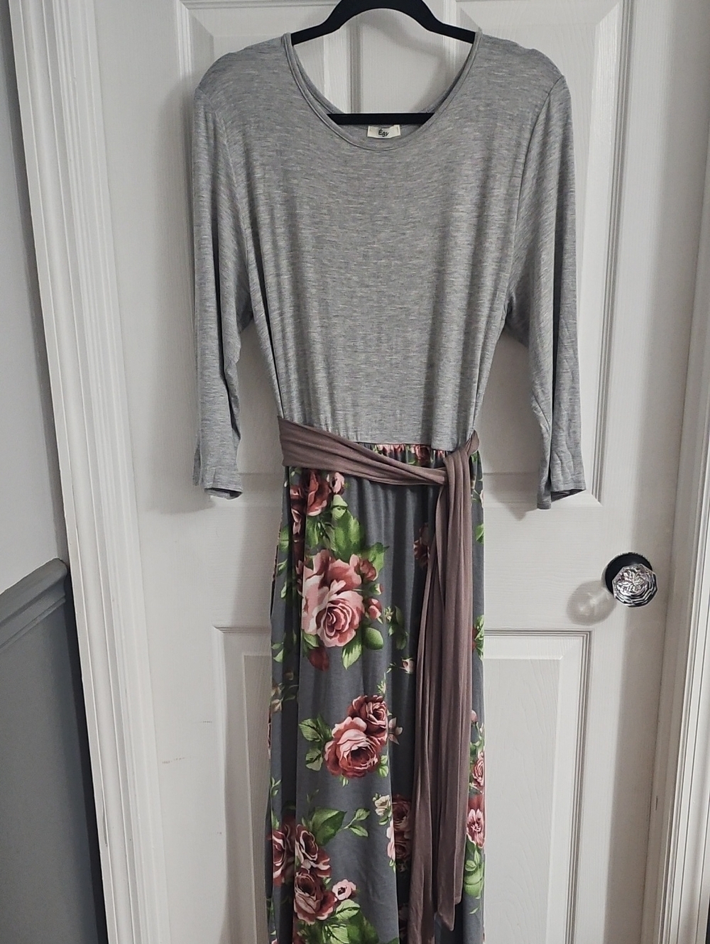 Womens Grey Floral Maxi Dress with Sash